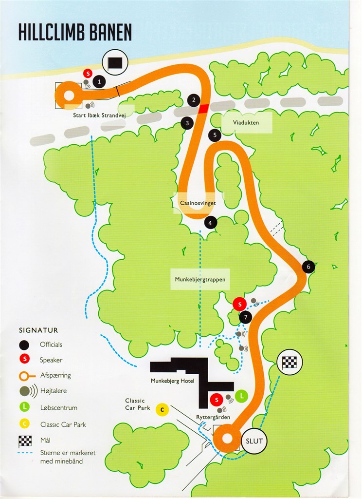 Banen på Munkebjerg Hillclimb er 1,6 kilometer lang med en række krævende sving. Man ser bedst de klassiske biler køre stærkt ved punkterne 1, 4 og 6.
(Foto: Michael Eisenberg)